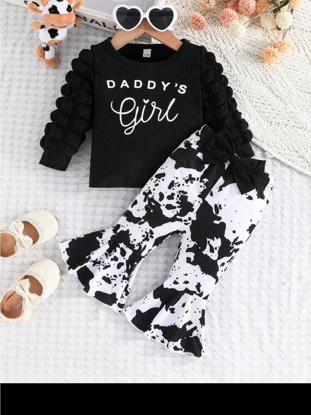 Daddy's Girl Black Top with Cow Print Ruffle Pants Set